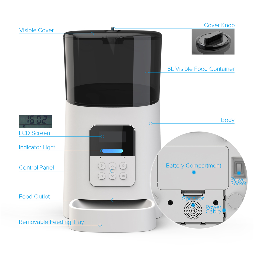 Video-WiFi-knop van 6 liter, slimme automatische voerbak voor huisdieren, APP, timing, voeding, spraakopnamecamera voor honden, katten, voerbak voor huisdieren